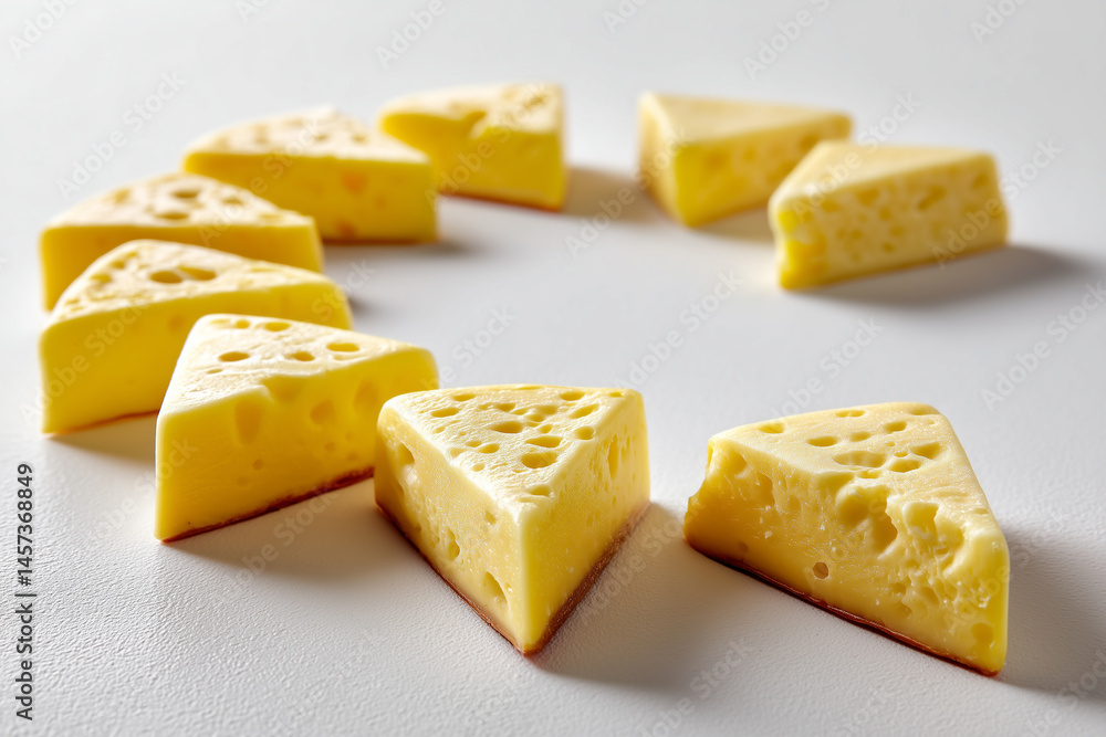 Aufkleber cheese triangles arranged in a spiral pattern on white surface. clean minimalist layout emphasizes t