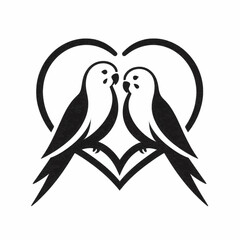 vector silhouette of a lovebird sitting closely with another, heart-shaped composition, minimal vector art, white background 