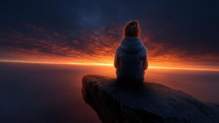 Silhouette einer Person auf Felsen vor dramatischem Sonnenuntergang am Meer