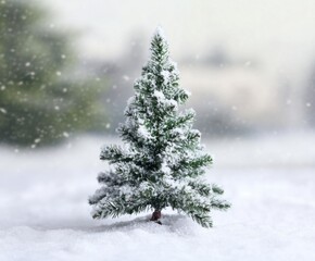 Small artificial decorative coniferous tree with snow