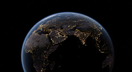 Dramatic Night View of Earth from Space with City Lights and Atmospheric Glow and Starry Space Background