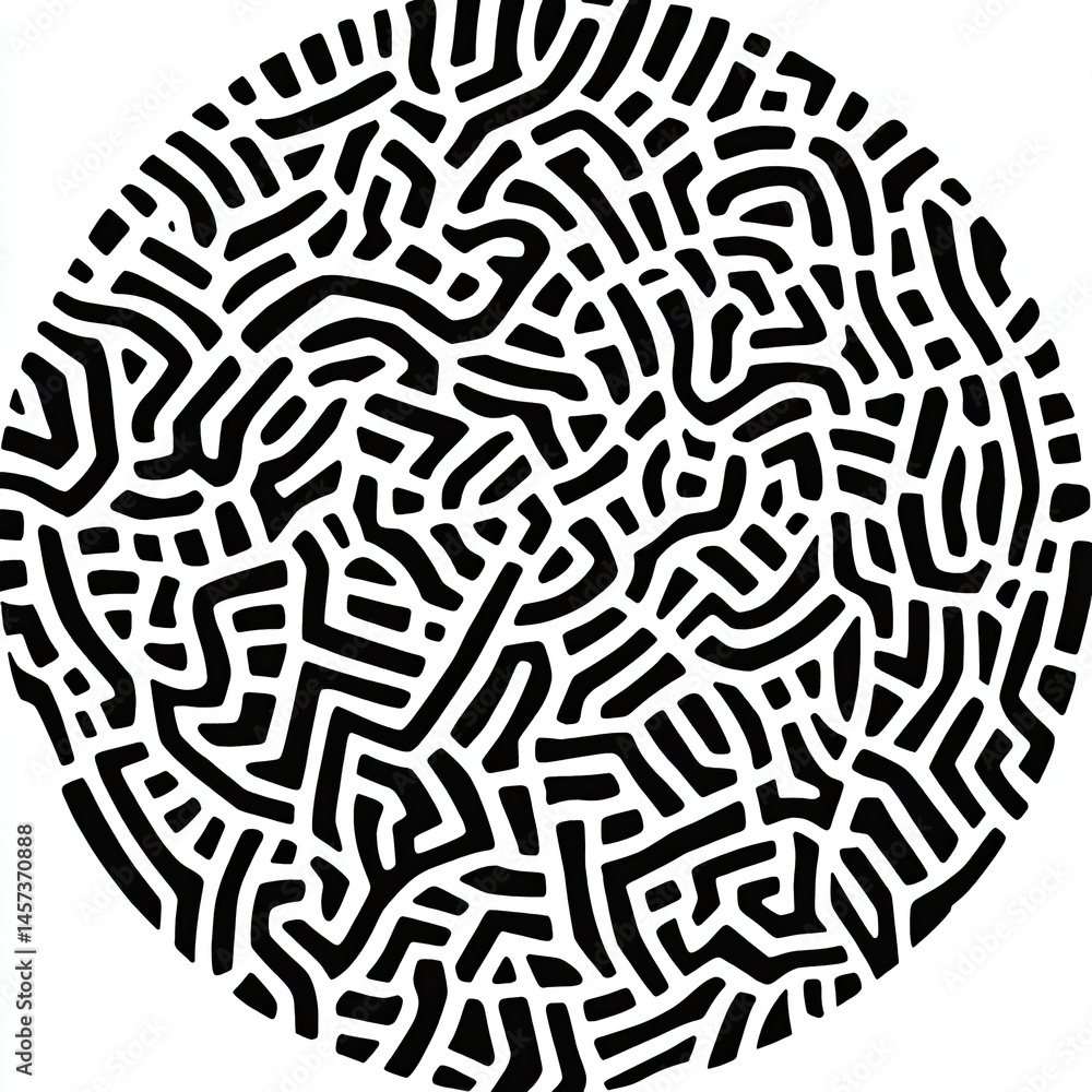 Poster abstract circular design with intricate, interweaving lines. a complex, textured pattern creates a s
