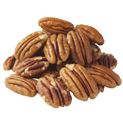 A close up view of a pile of shelled brown pecans on dark surface