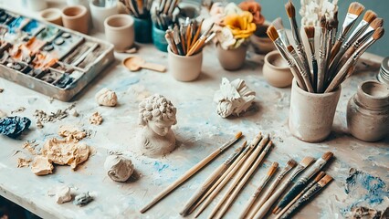 An artist's workspace filled with painting supplies and artistic elements, creative environment