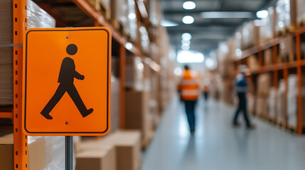 Warehouse pedestrian walkway sign: safety first. An orange sign with a walking figure in a warehouse with employees and stacked shelves.