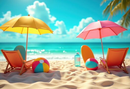 colorful beach gear brightly displayed vibrant sandy shoreline summer vibes outdoor recreation, day, umbrella, surfboard, towel, chair, sunglasses, ball