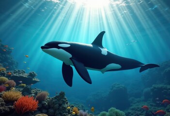 underwater orca swim dynamics fins tail marine life freestyle water motion wildlife, mammal, aquatic, creature, diving, black, white, sea, movement, effect