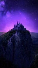 Starry night, castle atop cliff, purple hues.
