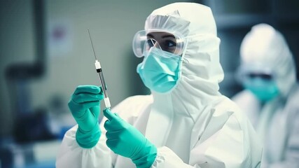Scientist preparing syringe in laboratory clean room - Powered by Adobe