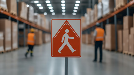 Warehouse pedestrian sign in focus, with workers walking in the background. Emphasizing safety regulations within an active warehouse setting.