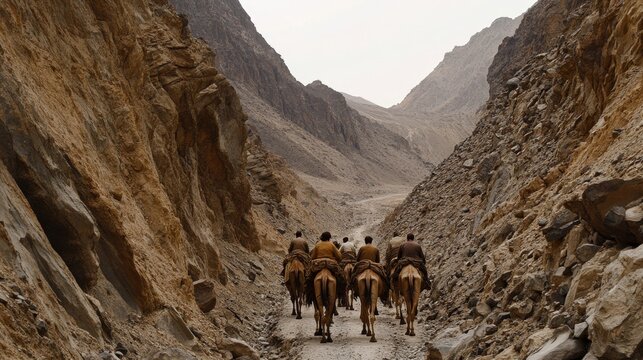 Camel Caravan Through a Mountainous Valley