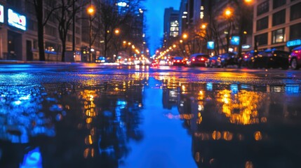 Obraz premium Night city reflections in wet street, blurred lights.