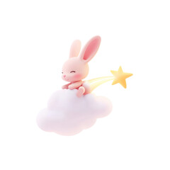 Adorable 3D Render of a Pink Bunny Rabbit Sitting on a Cloud with a Shooting Star