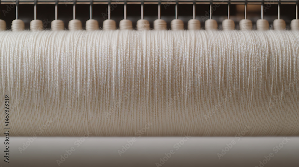 Poster close-up view of an industrial textile machine with hundreds of parallel threads, showcasing a weavi