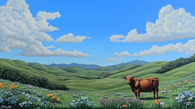Cow in a vibrant meadow, rolling hills, and blue sky.