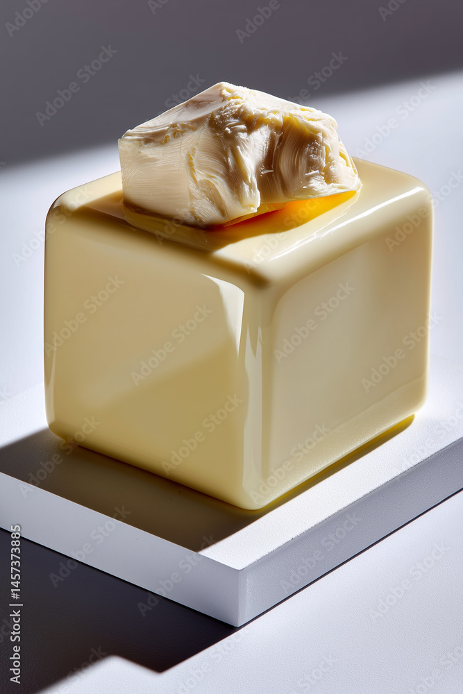 Poster cream cheese block with smooth edges displayed on bright white surface in minimalist style. clean an