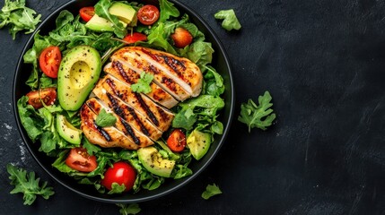 Grilled chicken salad with avocado and tomatoes