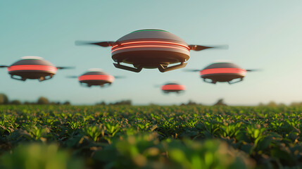 Fototapeta premium Multiple drones fly over a green crop field, suggesting advanced agricultural technology and automated farming.