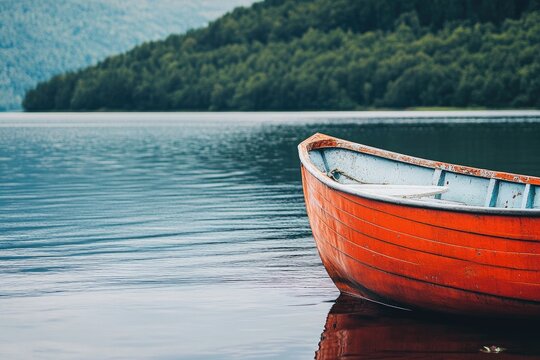Tranquil red rowboat on still lake, lush green shoreline