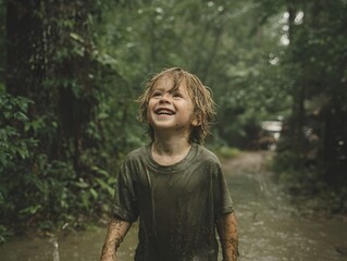 A young boy is playing in the mud, covered from head to toe with dark brown wet clay and smiling