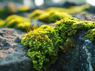 AI illustration of a close-up of vibrant green moss growing on rocks in natural sunlight