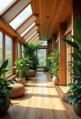 Fototapeta premium eco friendly home design natural materials green plants sustainable interior decor environmentally conscious living space, garden, wood, stone, textures