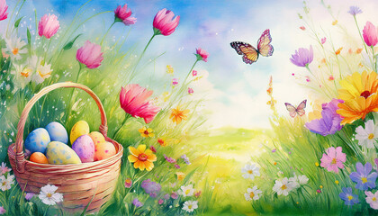 easter eggs in a basket with flowers