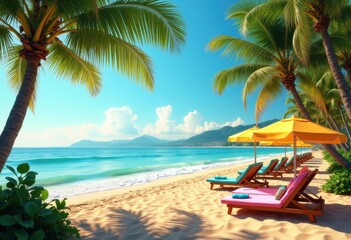 cozy beach chairs colorful umbrellas relaxing seaside scene vibrant colors sunlight warmth vacation leisure, ocean, sand, sunset, coast, tropical