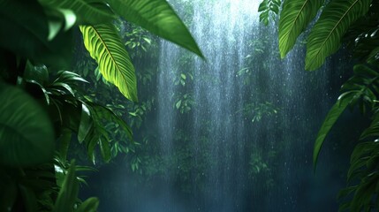 Lush green foliage, rain, dark background.