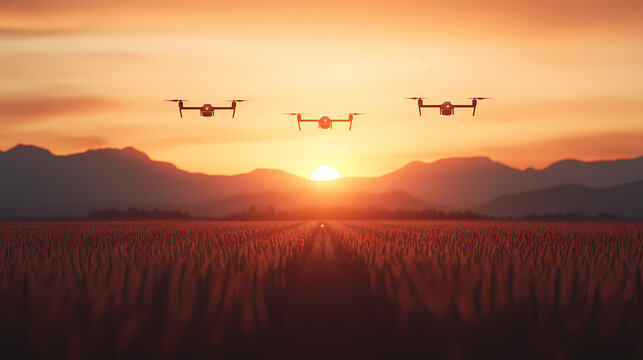 Three drones fly over a vast field at sunset, with mountains silhouetted against the colorful sky.