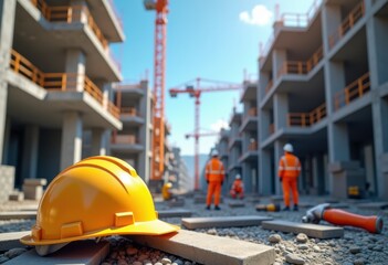 construction tools materials project site hard hat safety equipment wood steel concrete scaffolding hammer drill, gear, hardhat, helmet, screwdriver, bolt