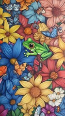 Vibrant floral painting; frog, butterflies amongst flowers.