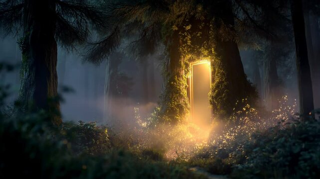 Portal shaped like door opens inside enchanted forest, glowing gold. Portal invites travelers into unknown with warmth and magic. Portal blends dream, curiosity, and nature perfectly