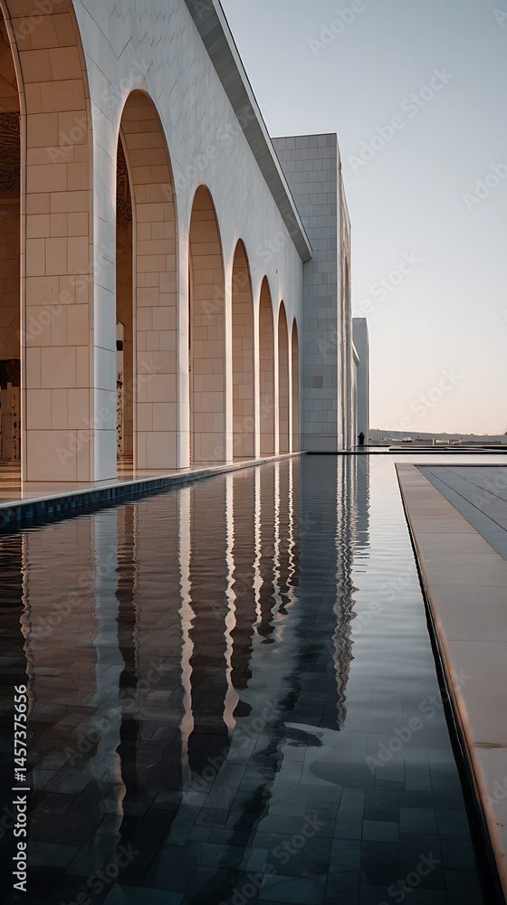 Aufkleber architectural elegance: a modern building with a reflective pool creating a serene and symmetrical i