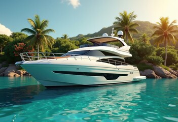 elegant private yacht anchored turquoise lagoon surrounded lush tropical landscape crystal clear water, beach, island, scenery, nature, sea, sunny