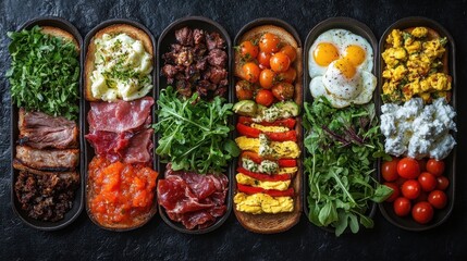 A close up of a tray of food with different types of food balanced protein-rich plates food background