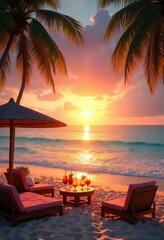 Fototapeta premium exotic beach destination tropical paradise colorful cocktails sandy shores clear water palm trees sunset, sky, drink, umbrella, landscape, relaxation