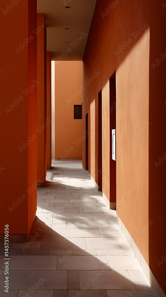 Poster architectural corridor featuring textured walls and geometric tile flooring. the interplay of light 