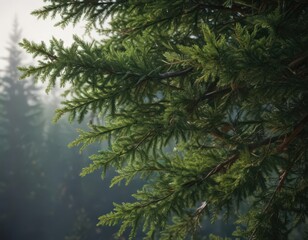 Abundant, lush evergreen branches, soft shadows, close-up view,  lush,  fir