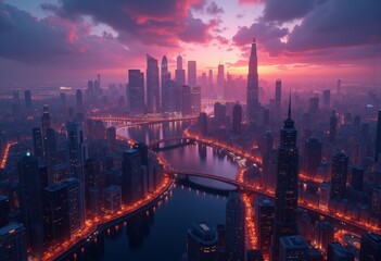 Fototapeta premium dramatic skyline dusk illuminated buildings cityscape vibrant colors nightscape twilight urban landscape, architecture, reflection, window, facade, glow