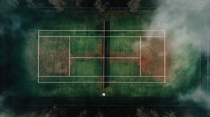 Aerial view of a tennis court, minimalist design with a subtle texture of the green surface, clean lines and geometric shapes for the net, a top-down perspective with a white background.