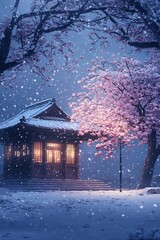 Naklejka premium anime snow-covered shrine at twilight
