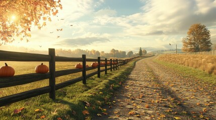Obraz premium Autumnal road, pumpkins on fence, fall leaves.