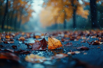 Autumn rain falls on fallen leaves on a dark gray road.  Colorful fallen leaves lie in puddles on a wet asphalt road.  Soft light in a park, with trees in the background