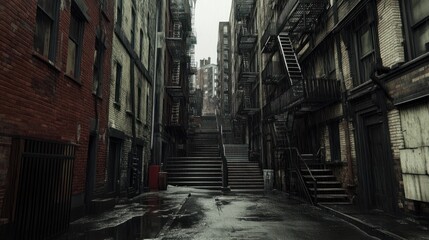 Rainy back alley with fire escapes