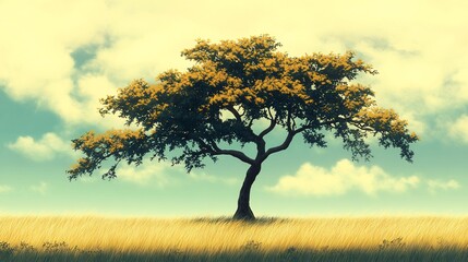 Obraz premium anime lonely tree in sea of golden grass