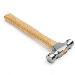 Silver cobbler's hammer with a wooden handle lying at an angle on a white