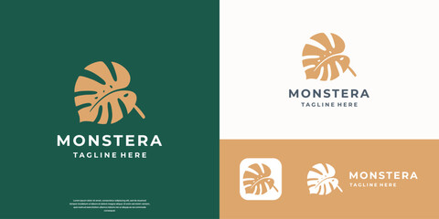 Naklejka premium golden Monstera logo design symbol vector template.