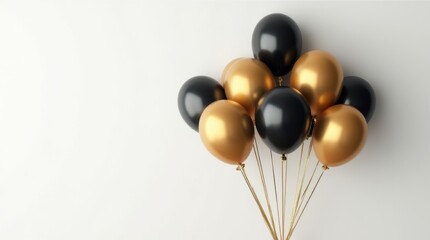 Cluster of shiny black and gold balloons floating together on a clean white background, elegant and festive, perfect for party or celebration visuals.