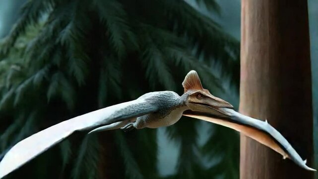 Pterodactyl in Flight: A majestic pterodactyl soars gracefully through the air, its large wings outstretched against a backdrop of lush, green foliage.